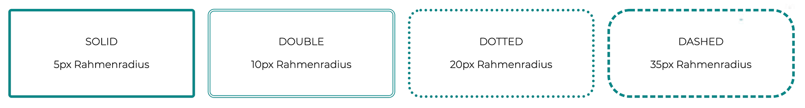 Vier Beispiele mit unterschiedlichen border radius Werten