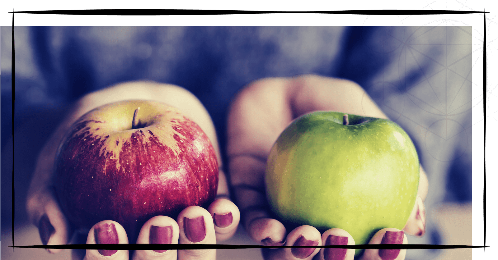 Bild zeigt zwei Hände mit rot lackierten Nägeln. In einer Hand einen roten Apfel, in der anderen Hand einen gelben Apfel.